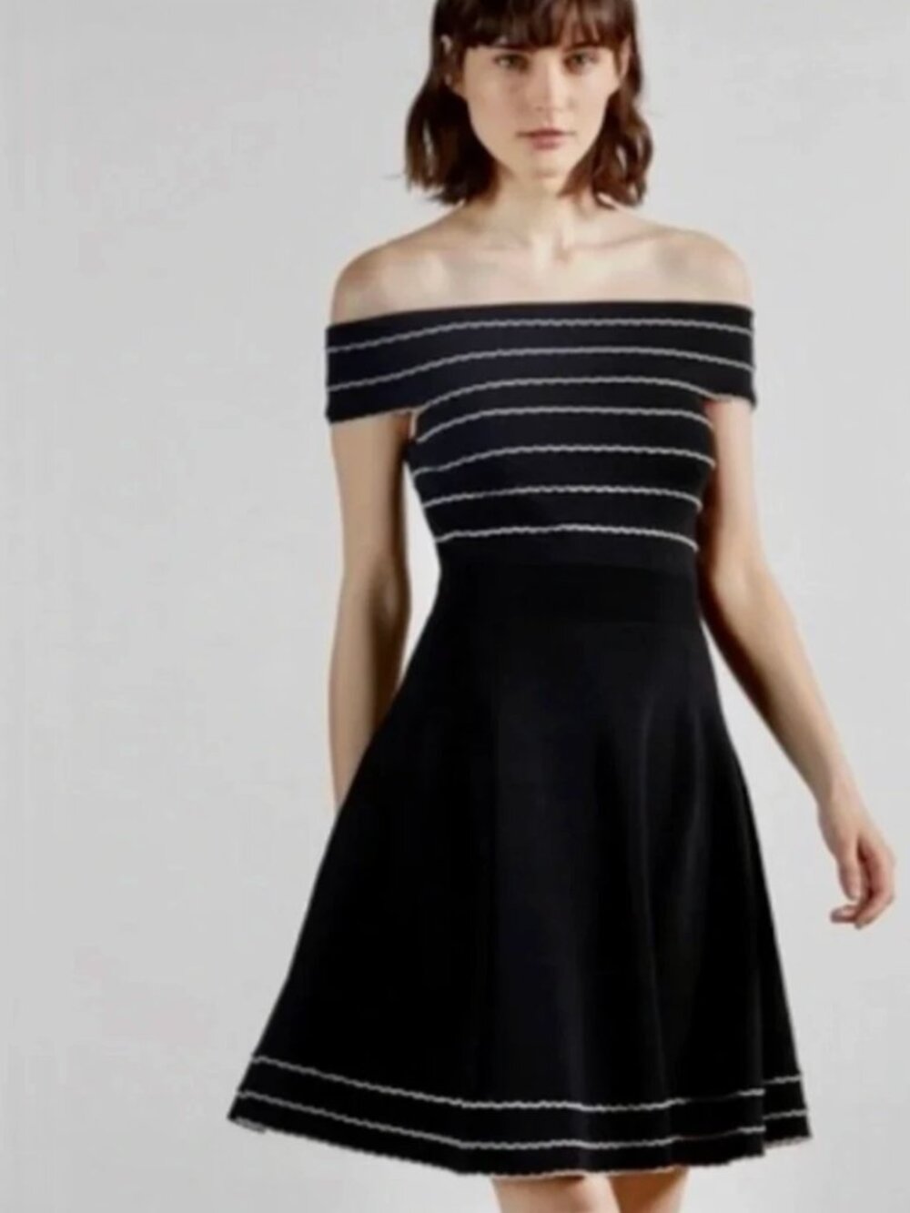 Ted Baker London Maisie Bardot Knitted Black White Off Shoulder Skater Dress